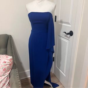 blue strapless gown with side slit size 0